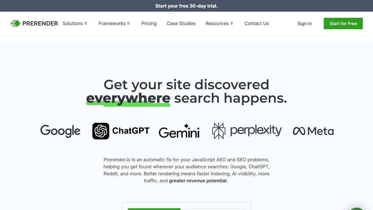 Prerender.io JavaScript prerendering service homepage