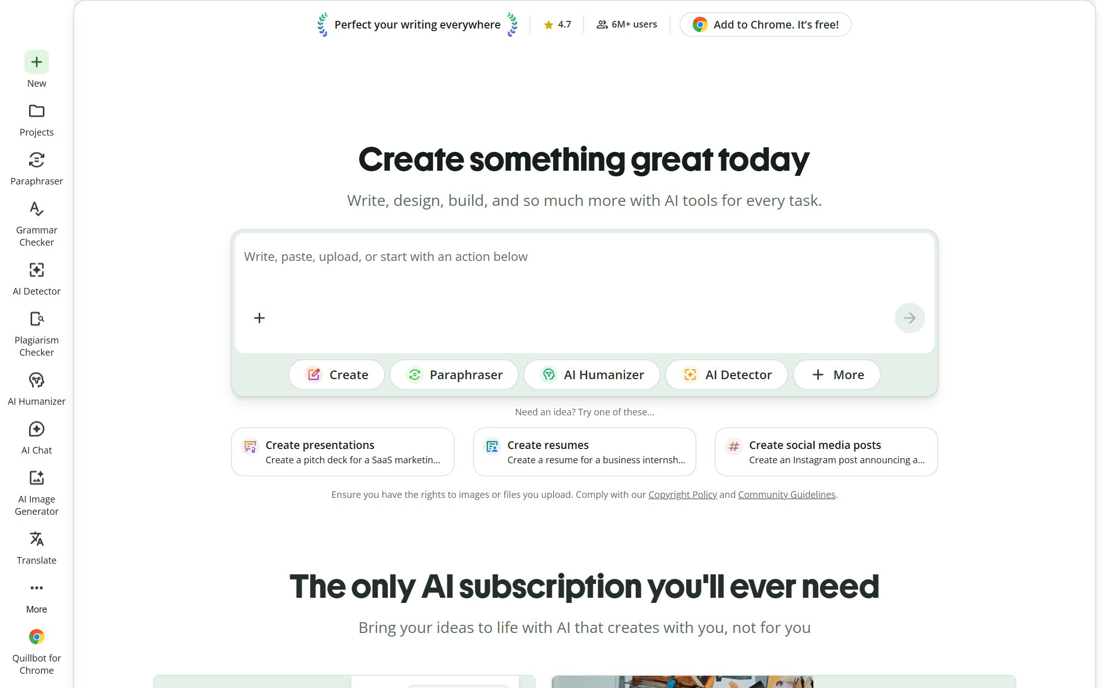QuillBot homepage showing paraphraser, grammar checker and AI writing tools