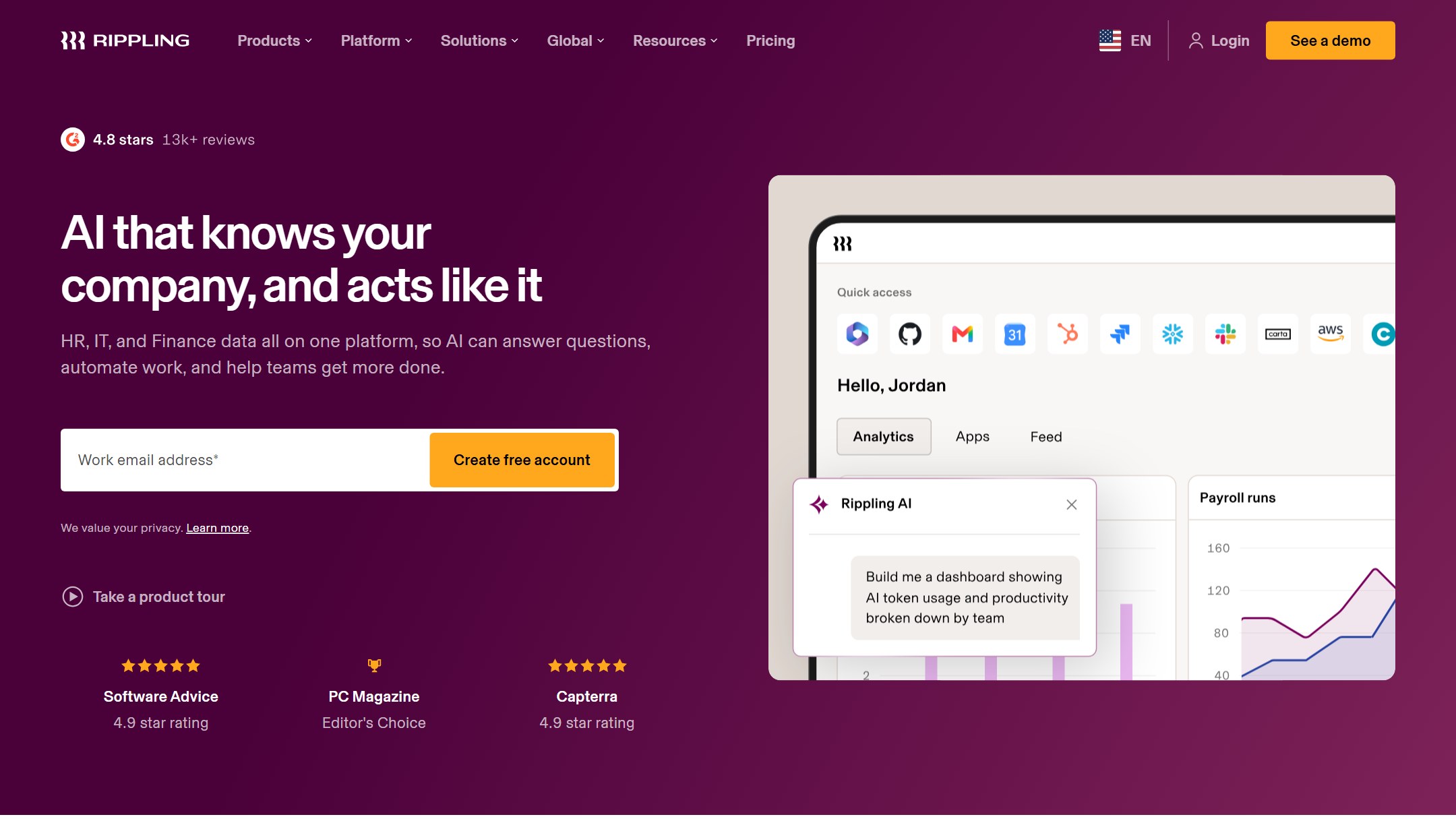 Rippling homepage showing its unified HR, IT, and finance platform