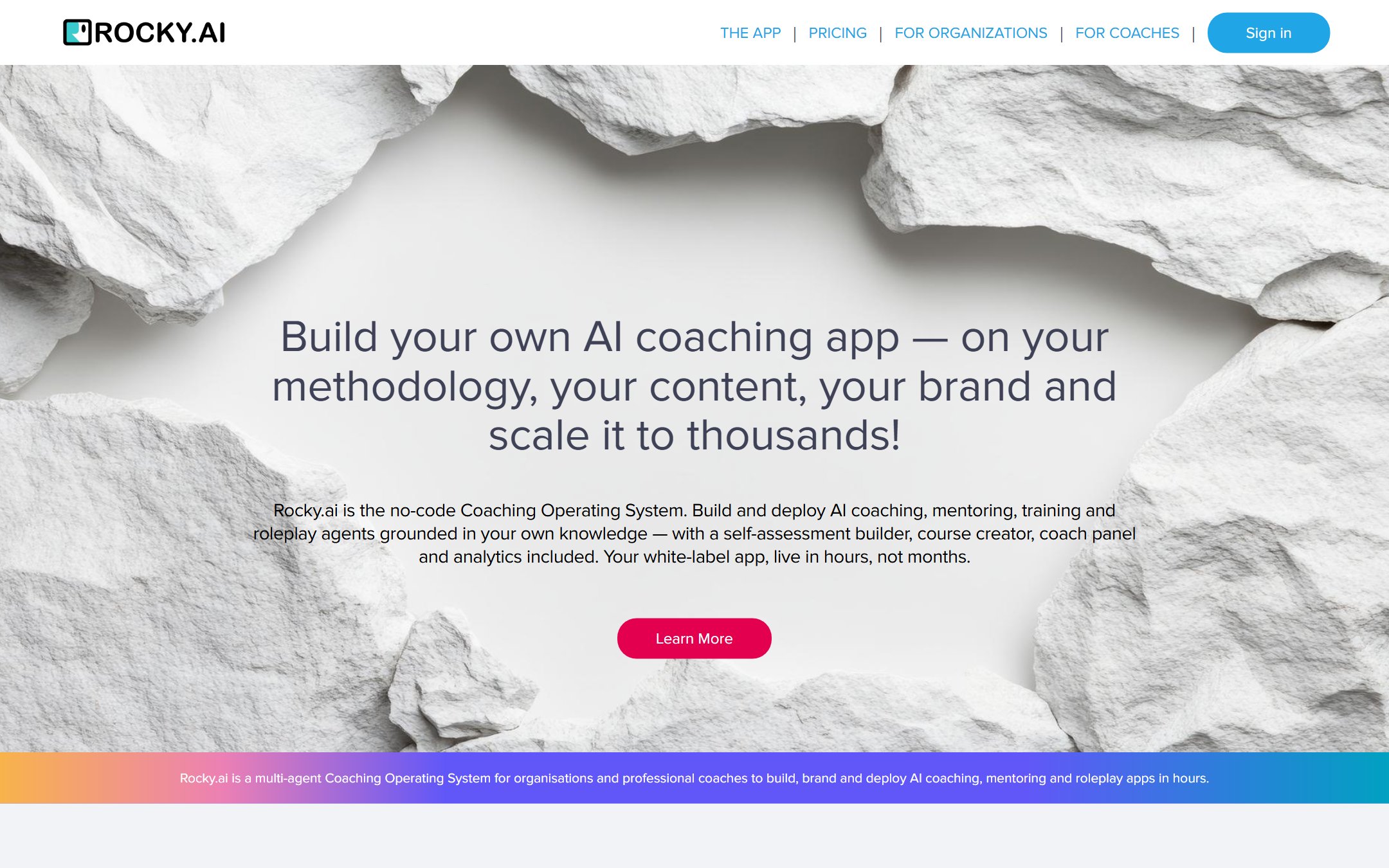 Rocky.ai homepage describing its no-code Coaching Operating System