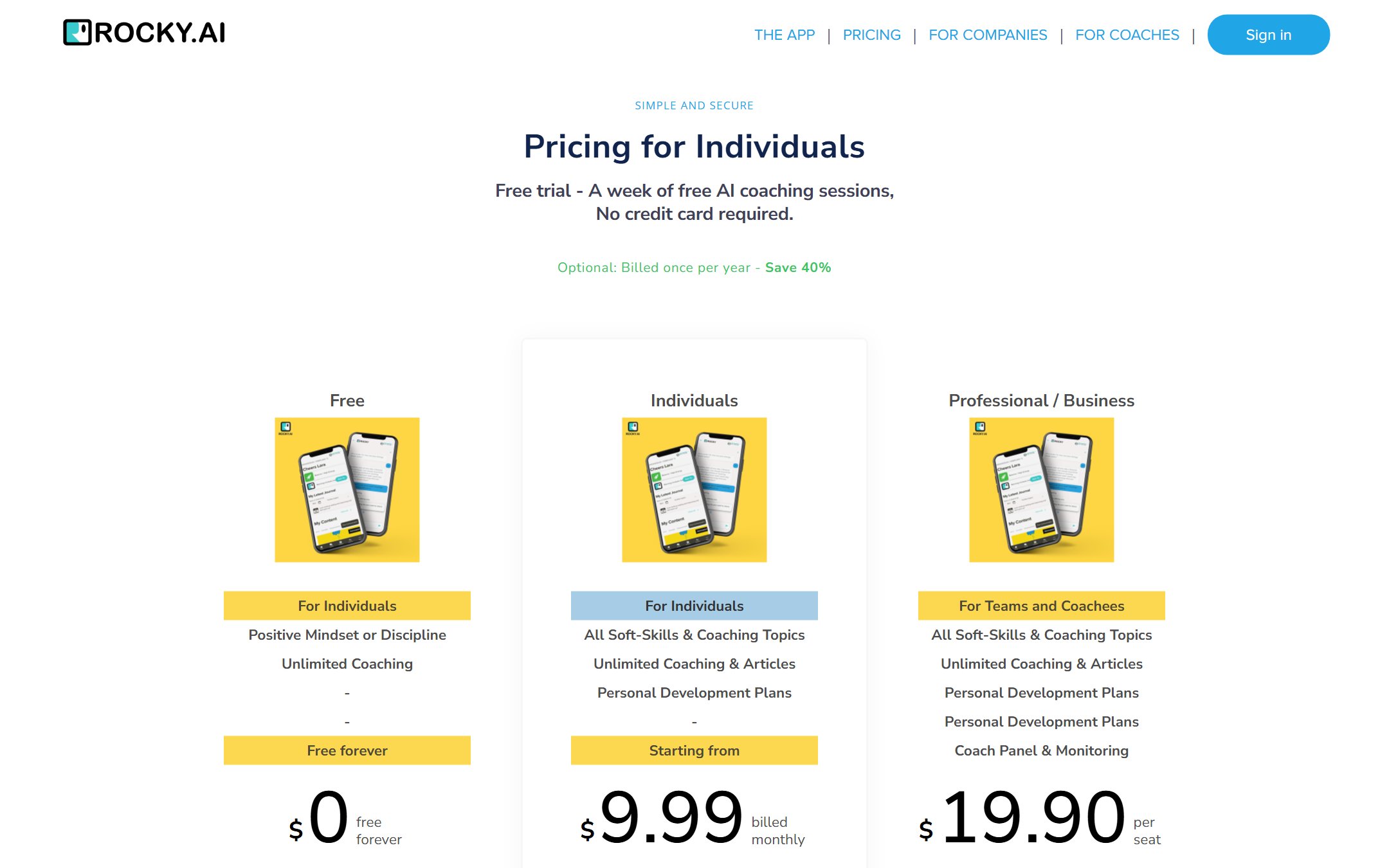 Rocky.ai pricing page showing free, 9.99 dollar individual and 19.90 dollar per seat plans