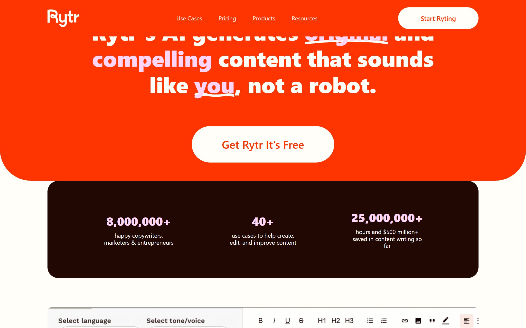 Rytr homepage showing its low-cost AI writing assistant