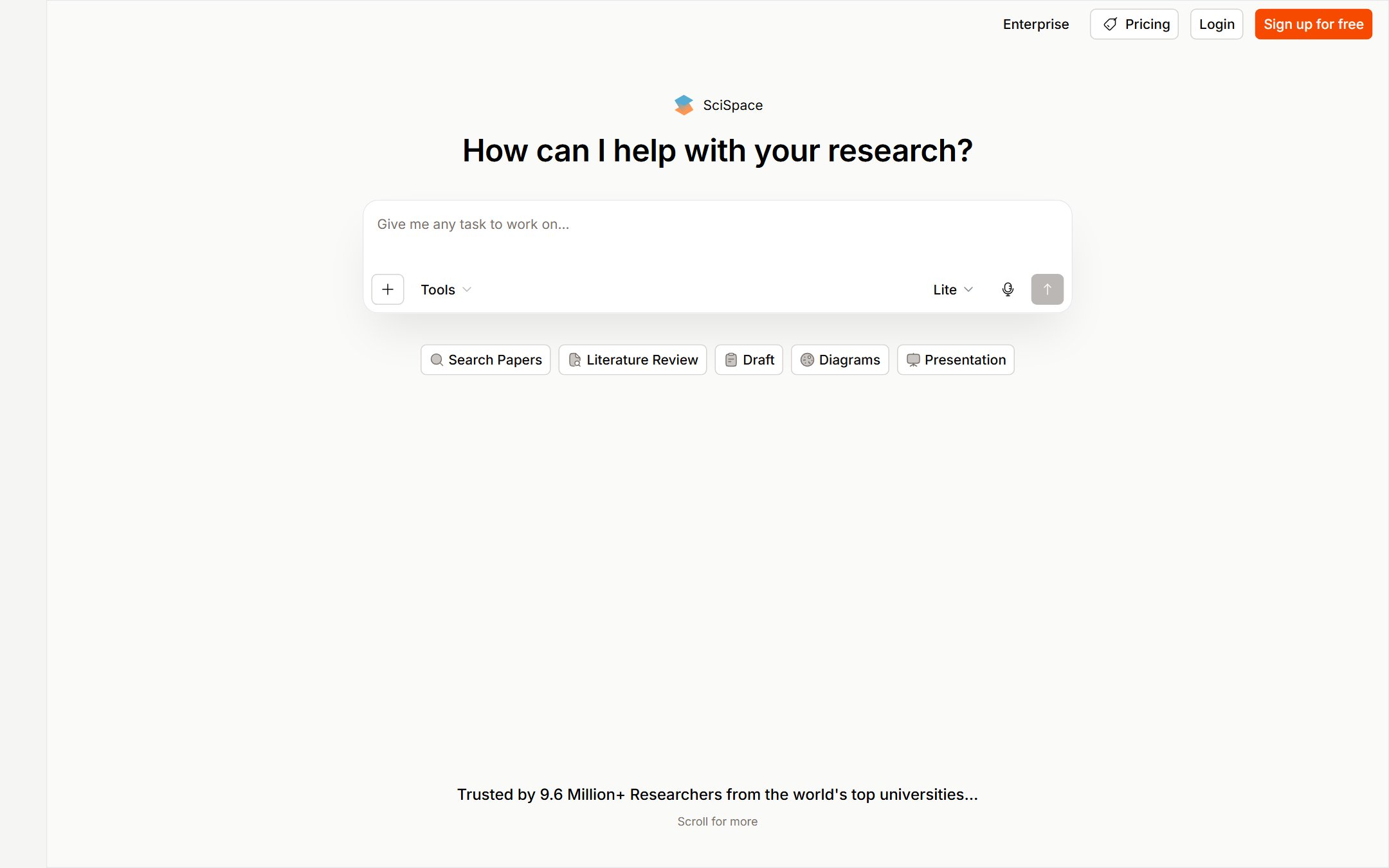 SciSpace AI research assistant homepage for reading and summarizing papers