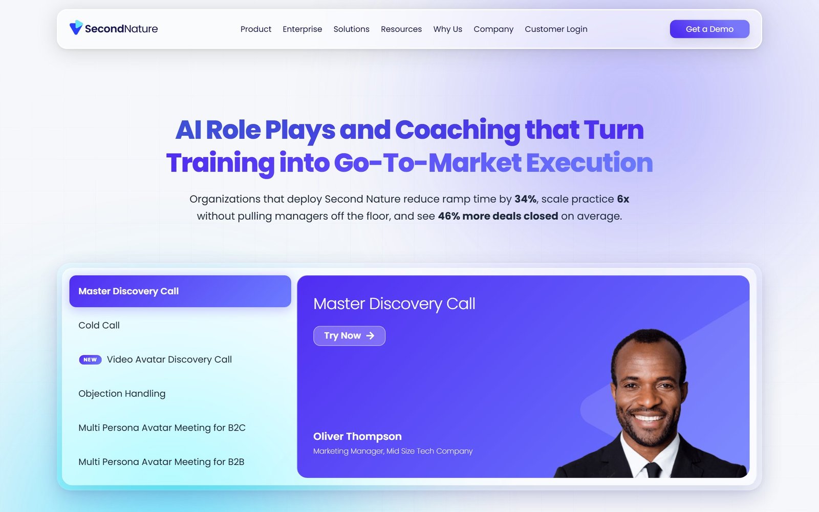 Second Nature AI homepage showing role play scenarios