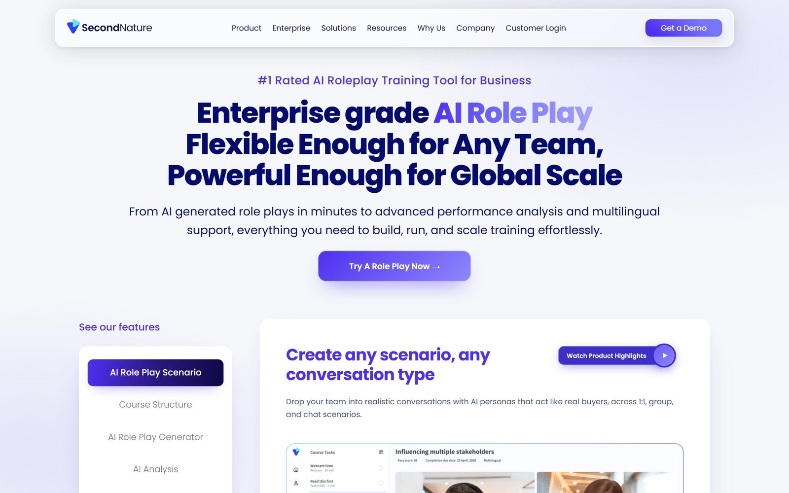 Second Nature product page showing AI role play scenario builder and course structure