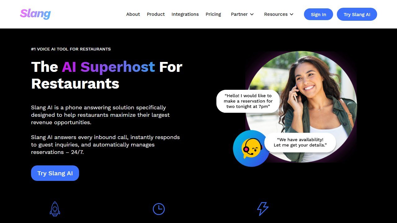 Slang.ai voice AI phone answering for restaurants homepage