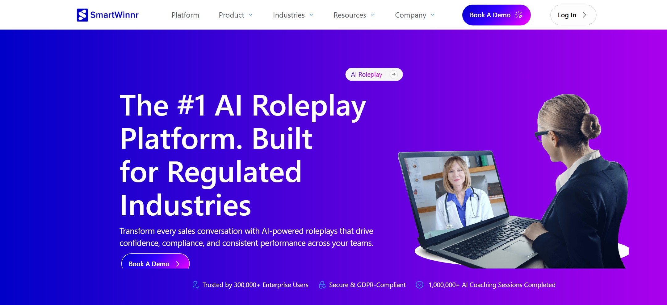 SmartWinnr homepage showing its AI roleplay platform for regulated industries