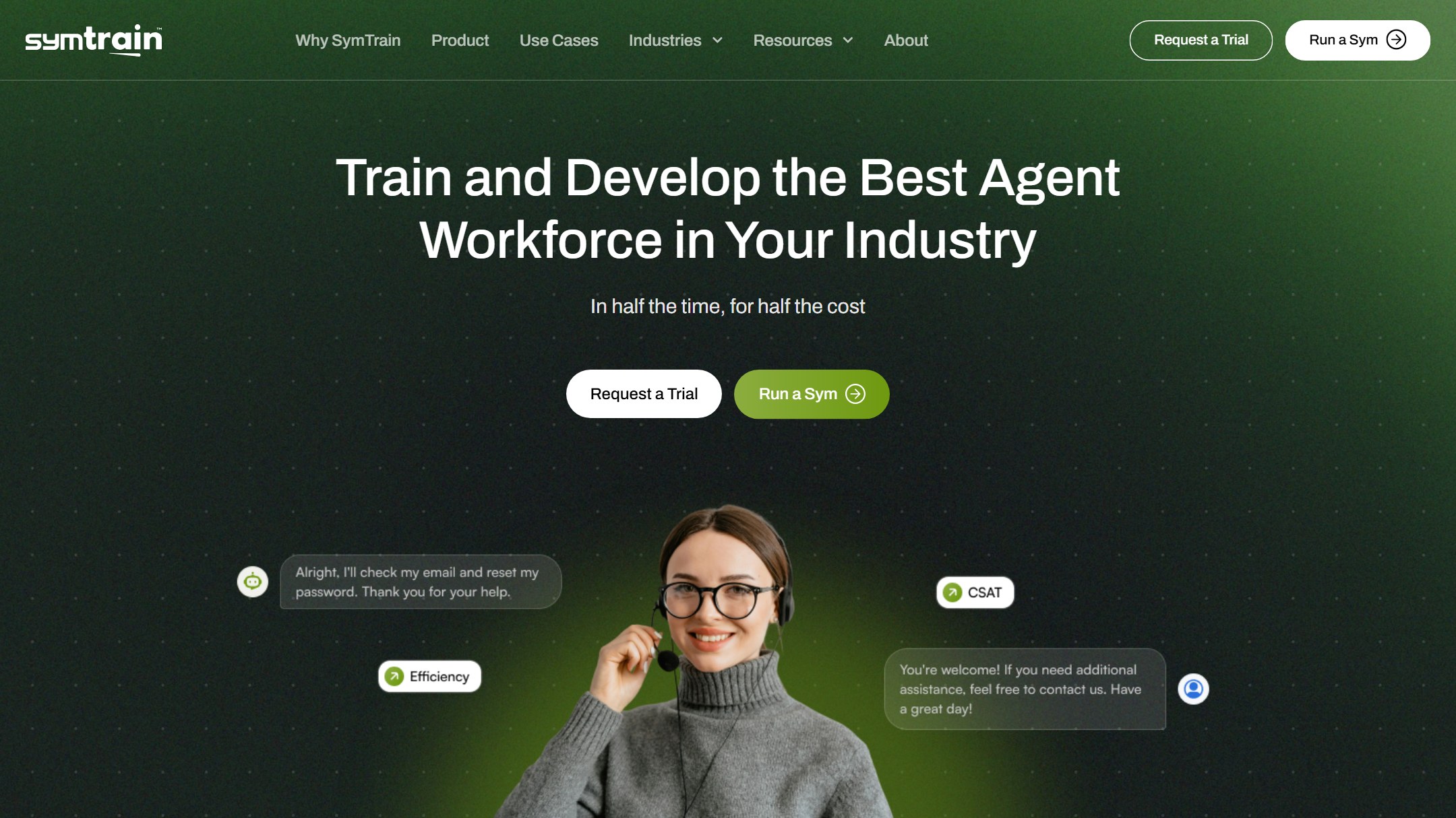 SymTrain homepage showing its contact center agent training simulator
