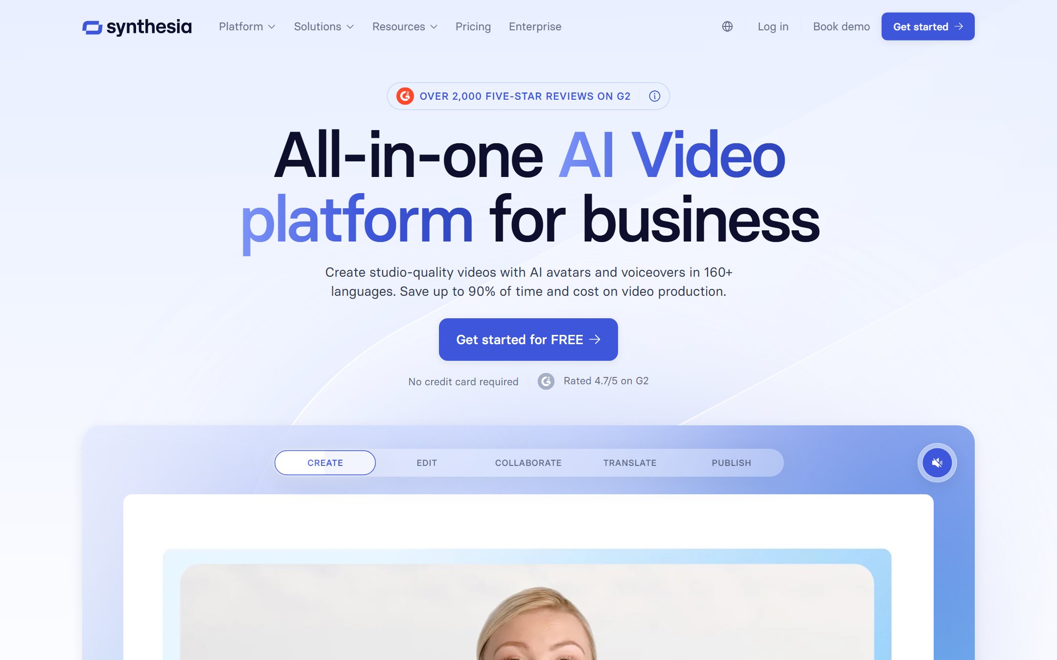 Synthesia homepage advertising AI video in 160 plus languages