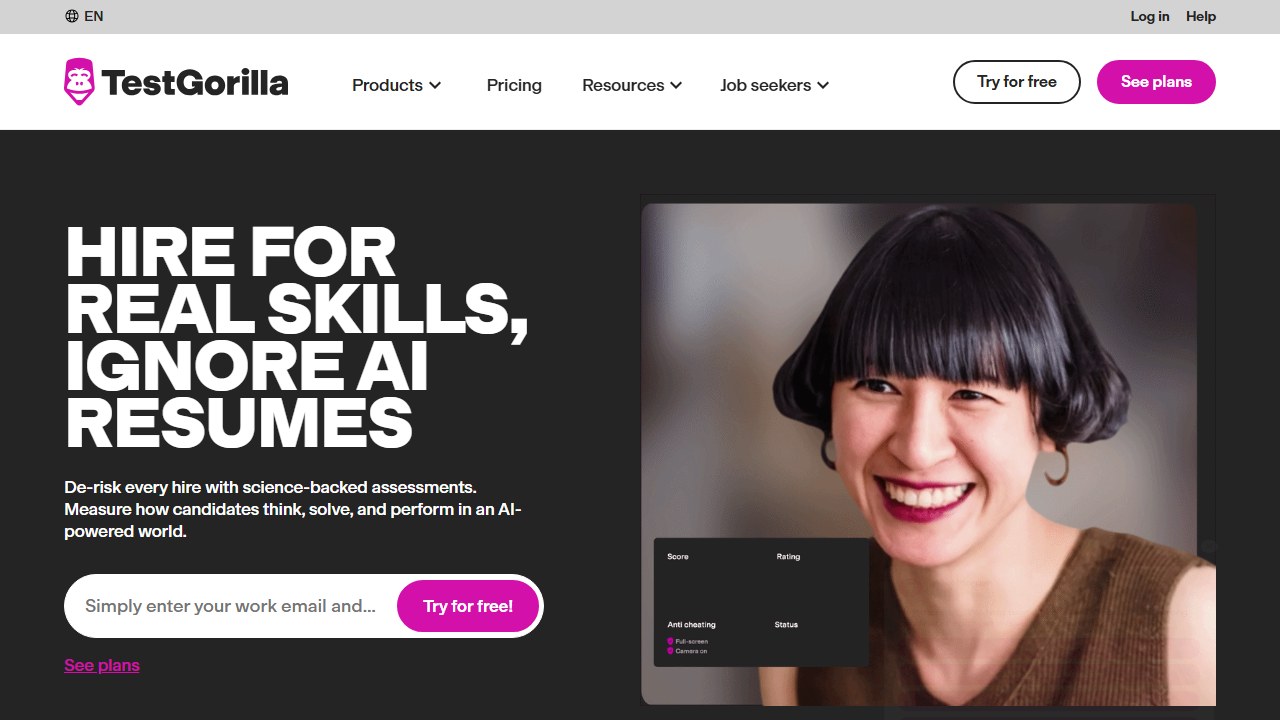 TestGorilla skills-based assessment and screening platform homepage