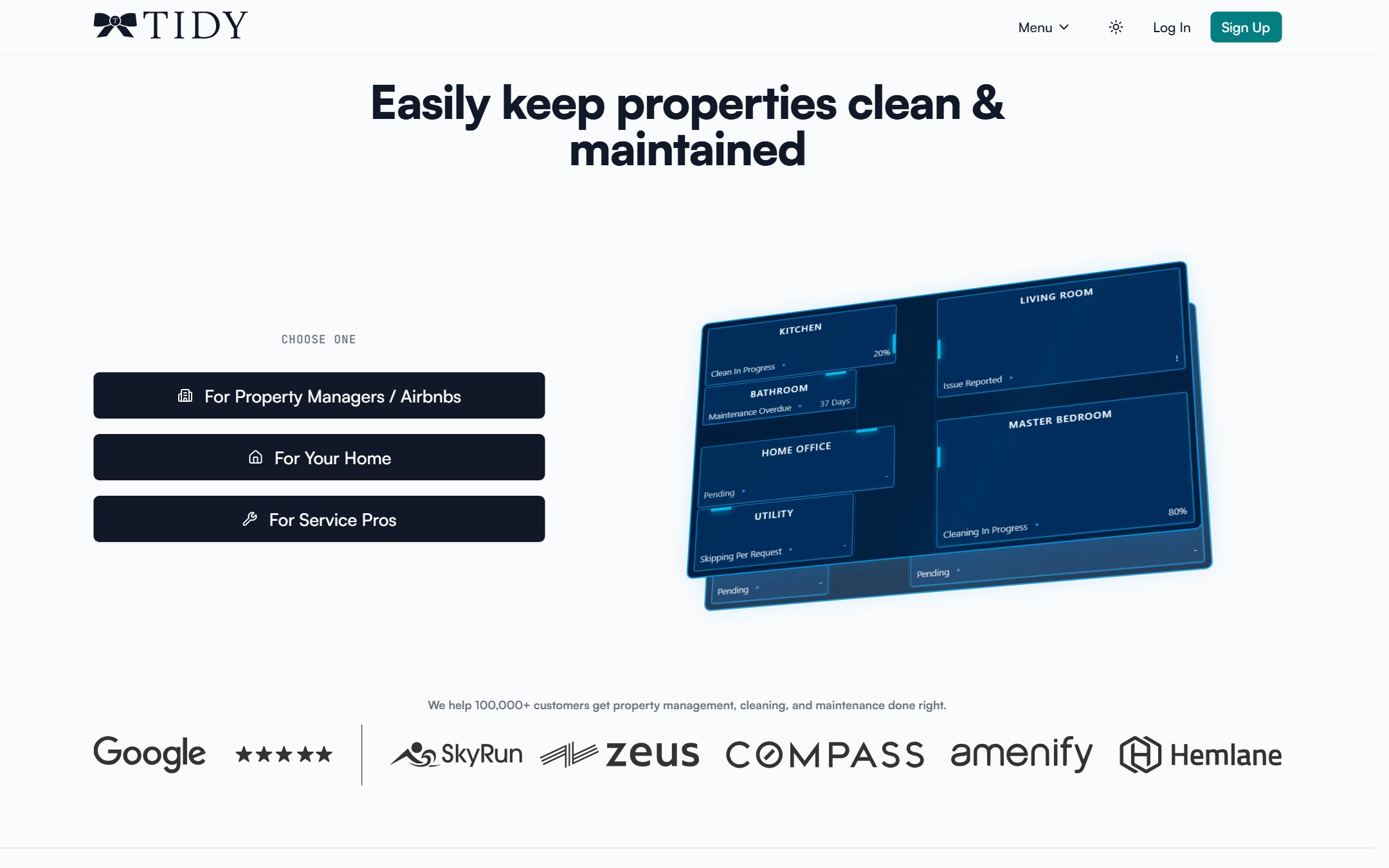 TIDY homepage showing property cleaning and maintenance management