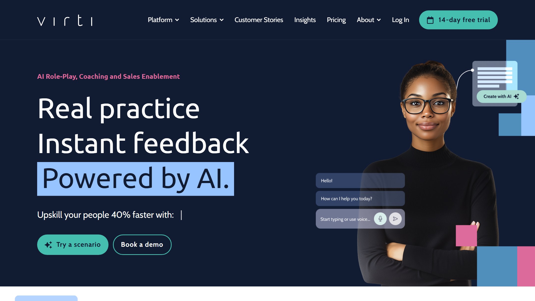 Virti homepage showing AI roleplay, coaching, and sales enablement