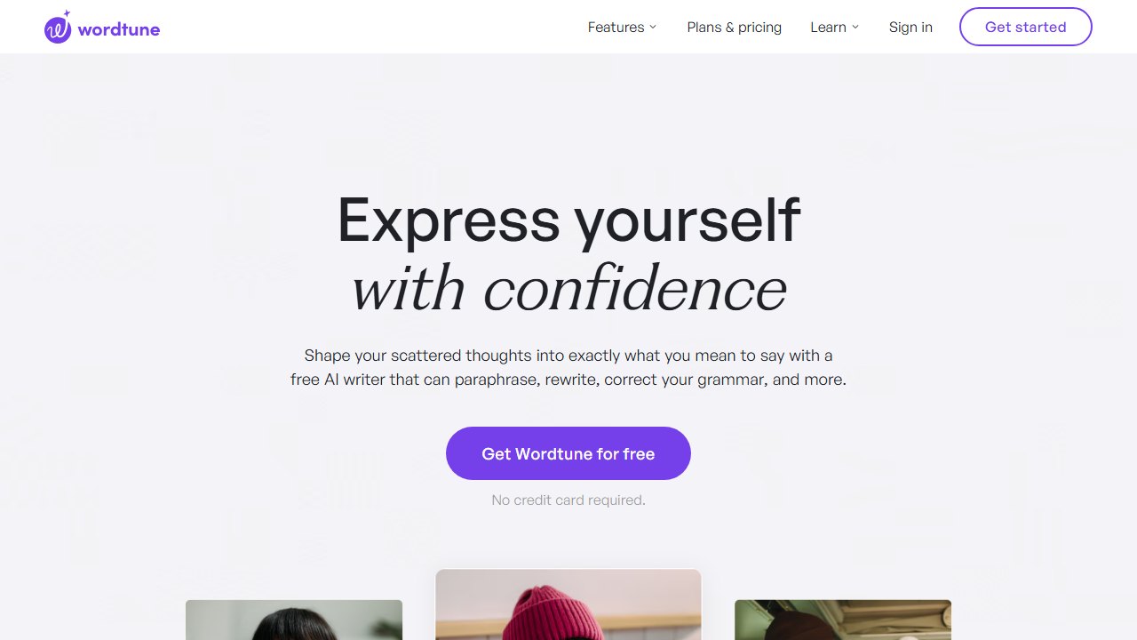 Wordtune homepage showing AI rewriting with alternative phrasings