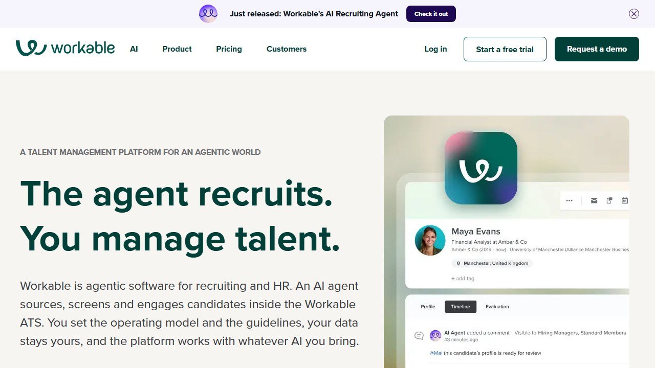 Workable recruiting and HR platform homepage