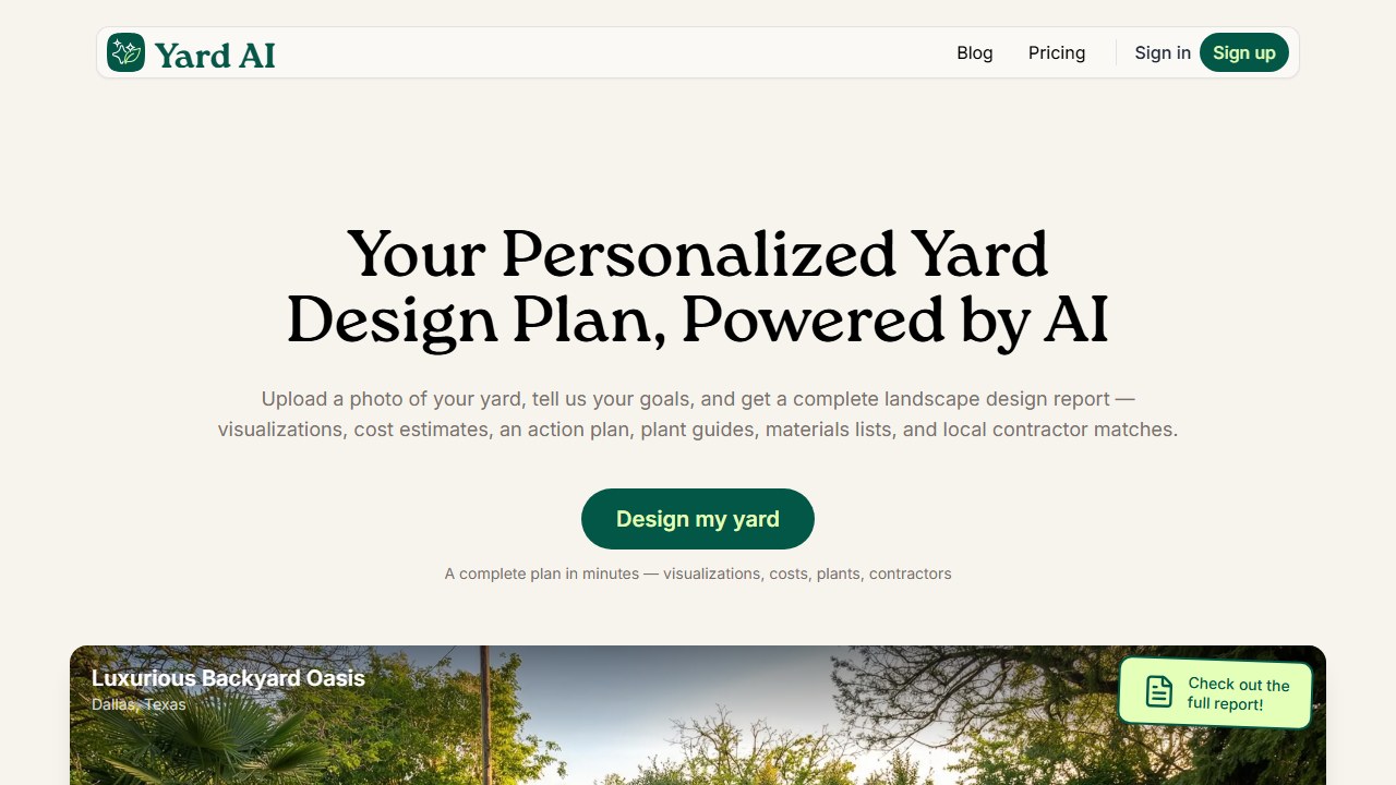 YardAI AI landscaping design homepage