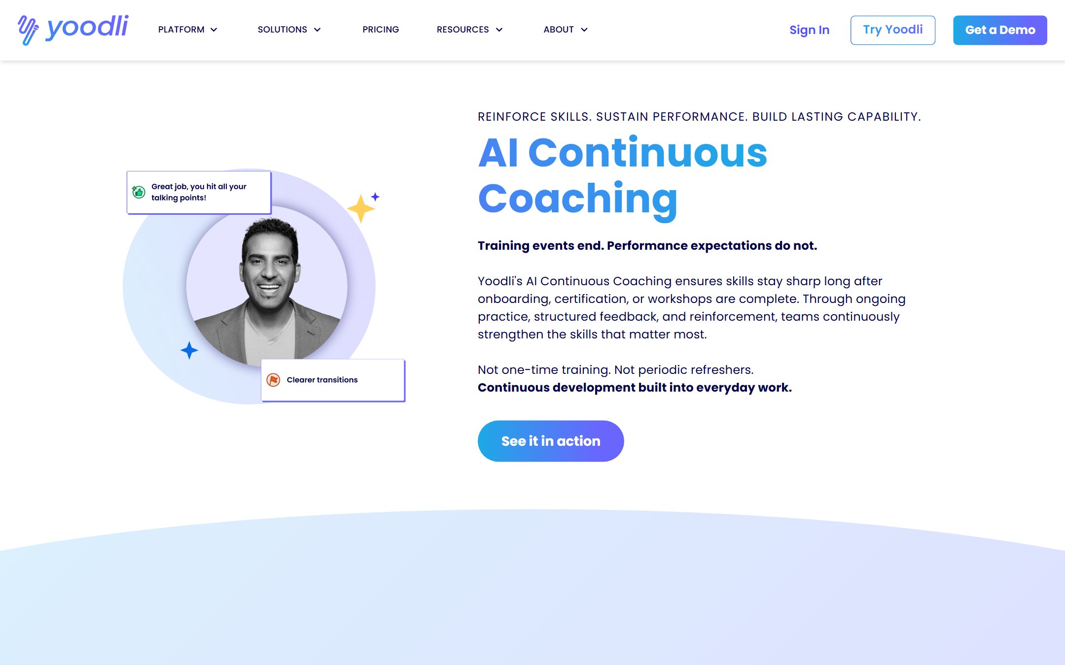 Yoodli AI Continuous Coaching page for reinforcing skills after certification