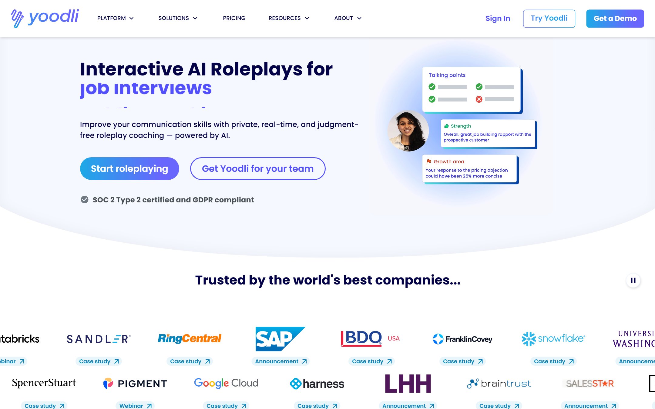 Yoodli homepage advertising interactive AI roleplays for sales and enablement