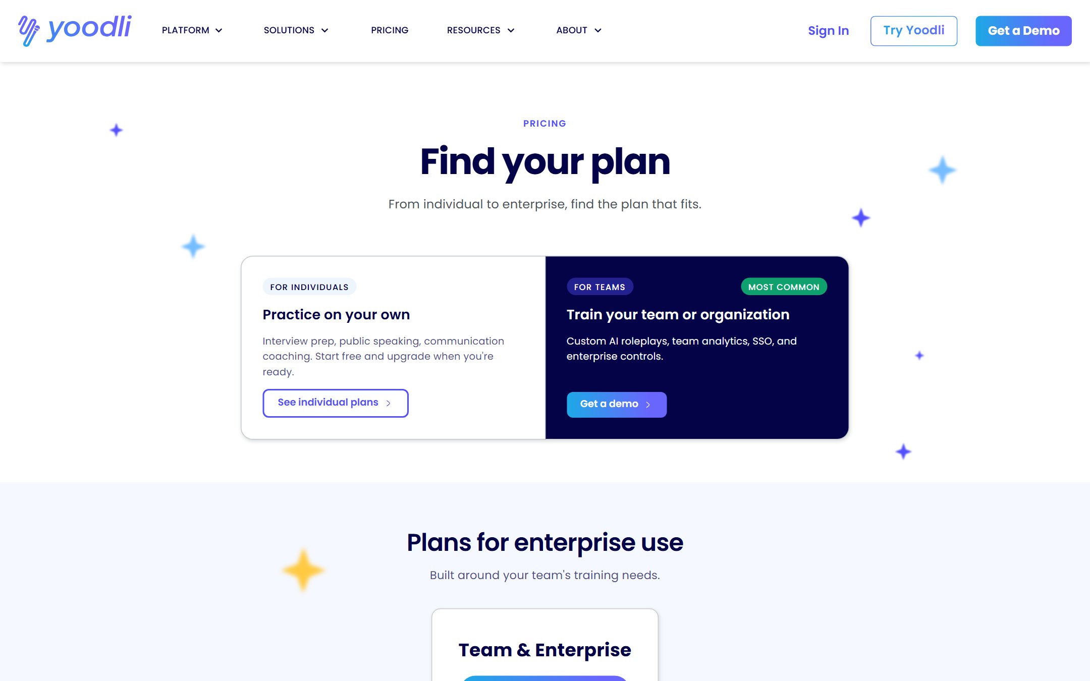 Yoodli pricing page showing individual and team plan routes