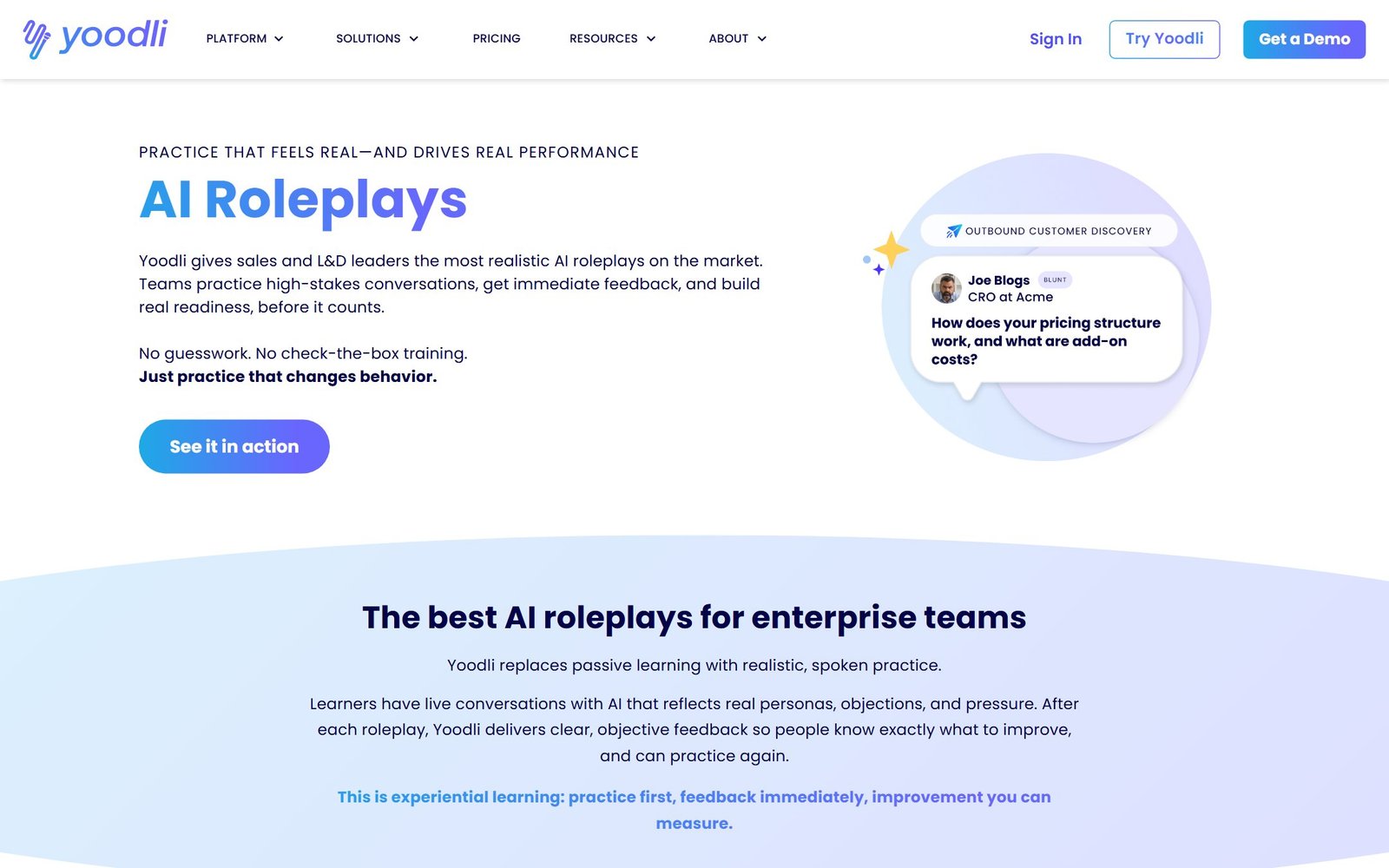 Yoodli AI Roleplays page showing a simulated buyer asking about pricing structure