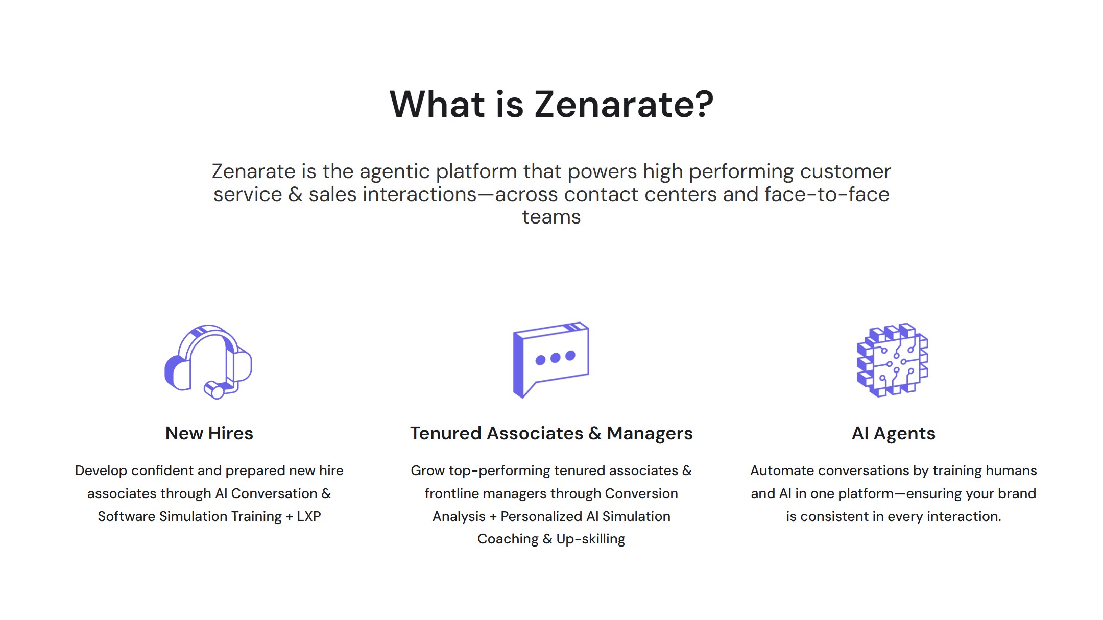 Zenarate platform overview describing training for new hires, tenured associates, and AI agents