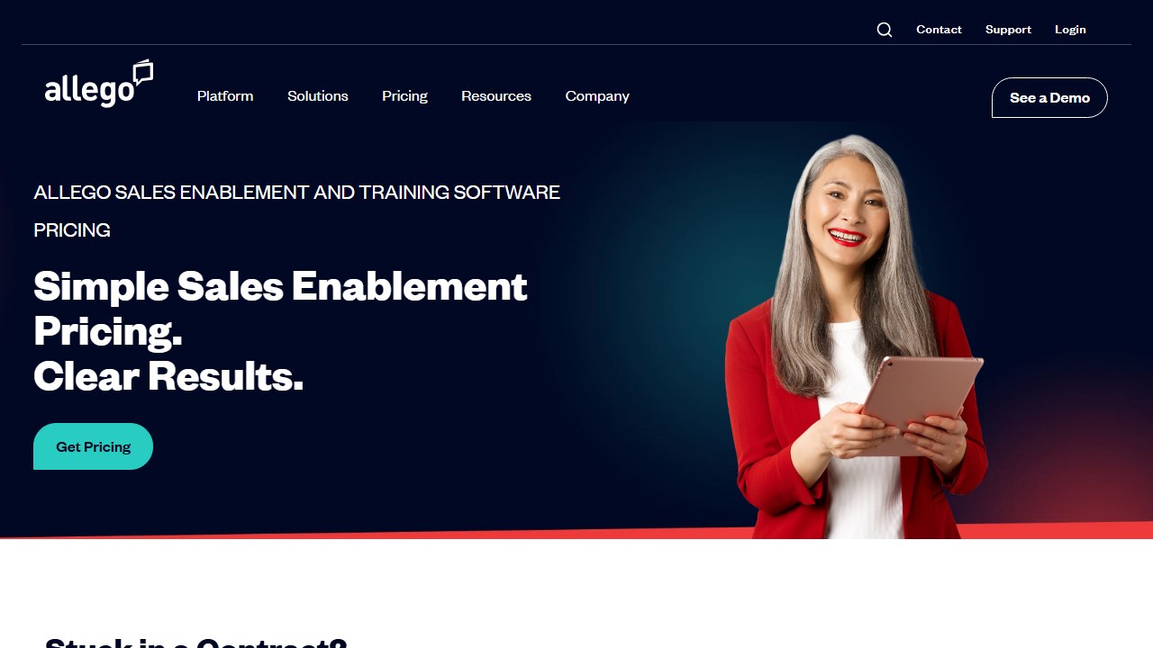 Allego pricing page headed Simple Sales Enablement Pricing with a Get Pricing button and no figure