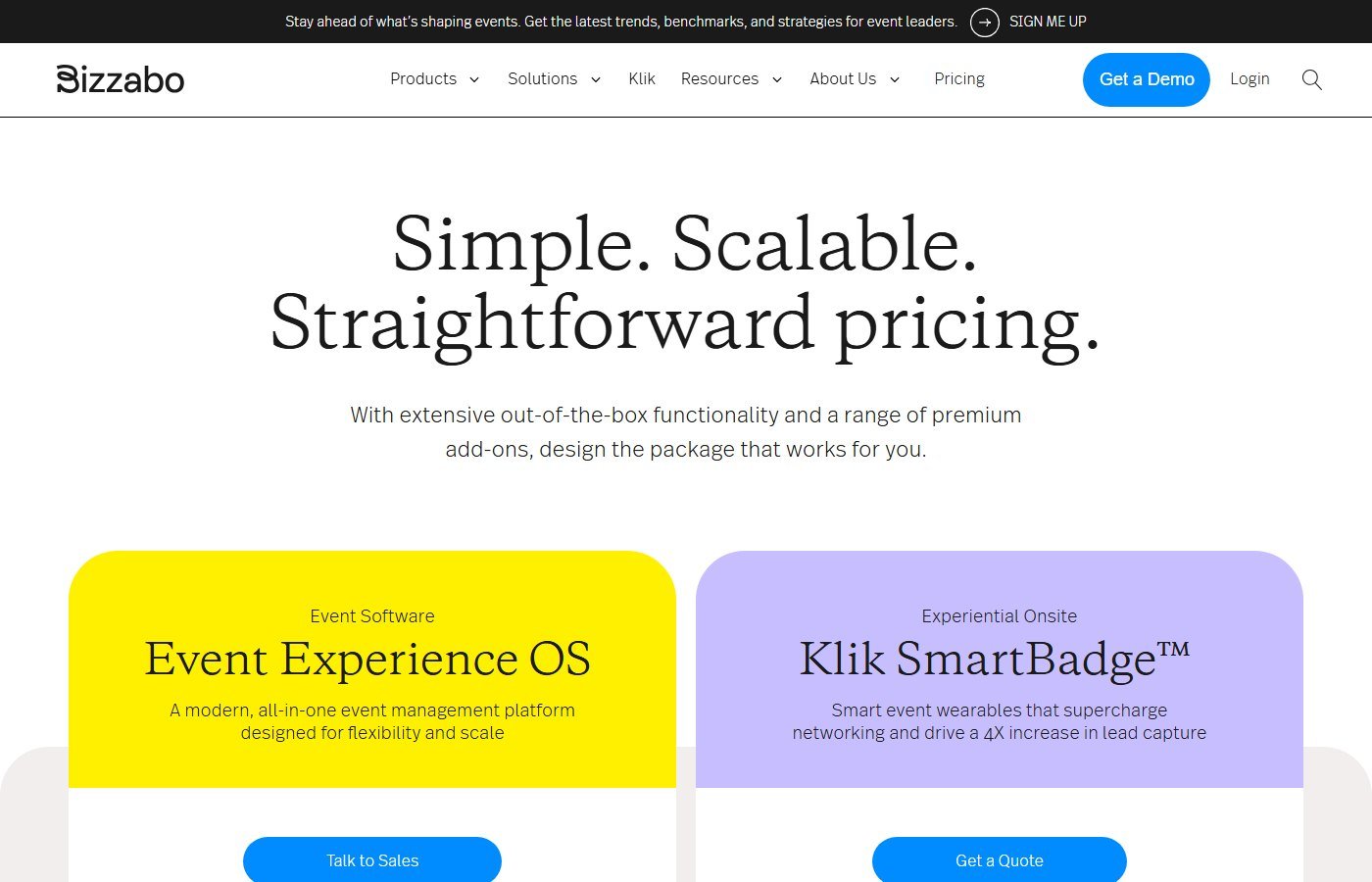 Bizzabo pricing page showing $499 per user per month and a $17,999 annual floor