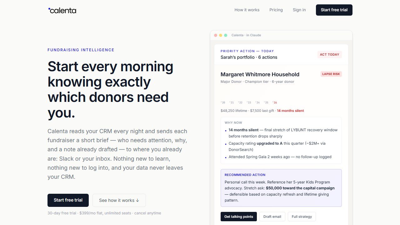 Calenta fundraising intelligence homepage for nonprofit teams