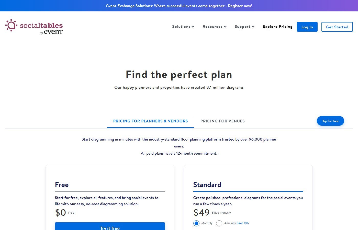 Cvent Event Design pricing on socialtables.com showing Free, $49, $150 and $320 monthly tiers