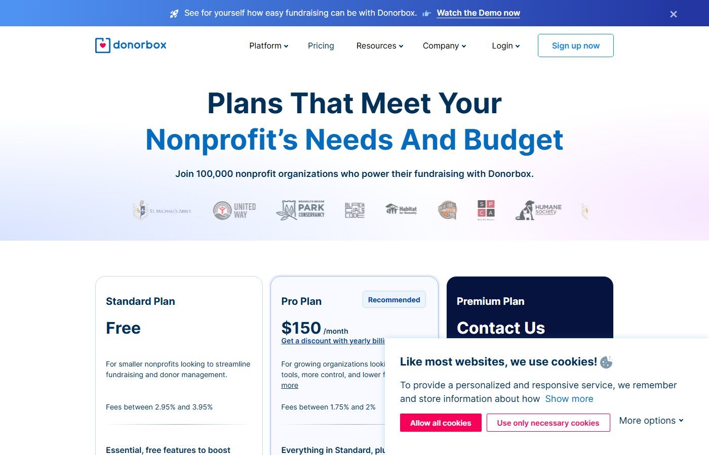 Donorbox pricing page showing the free Standard plan and Pro at $150 a month