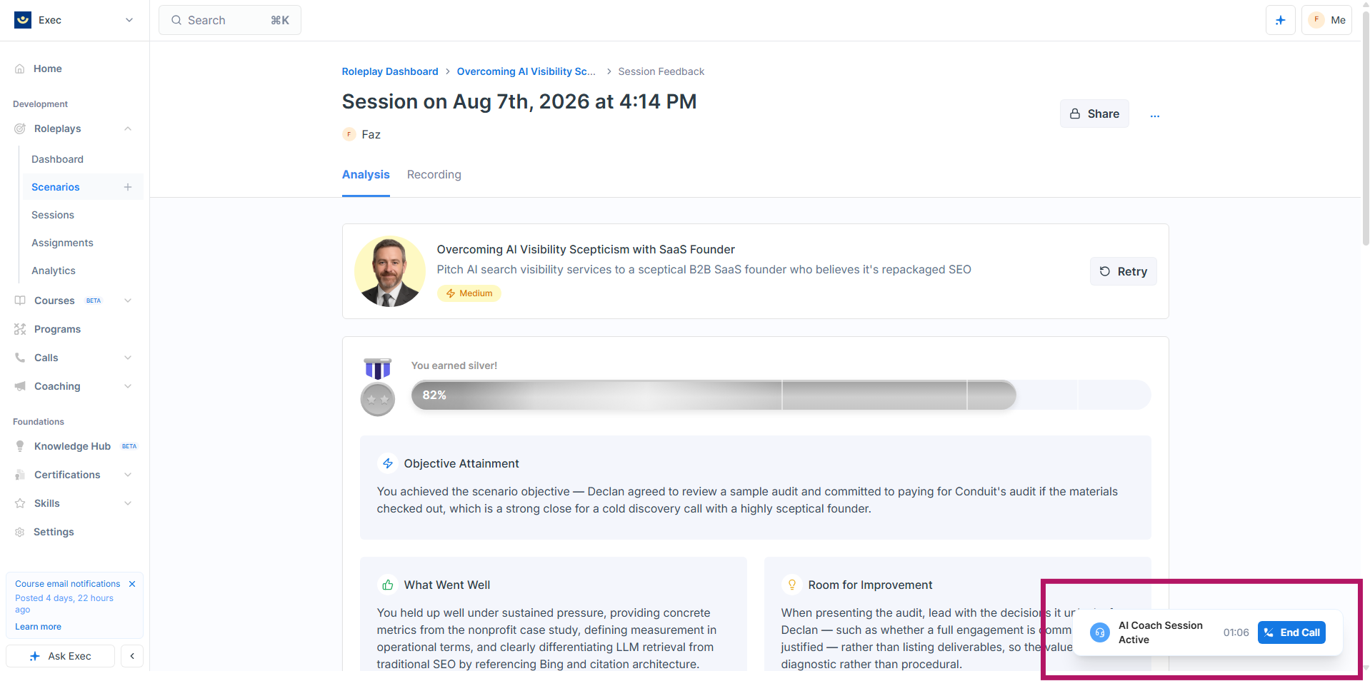 Exec AI Coach running as a live voice call on the session feedback screen