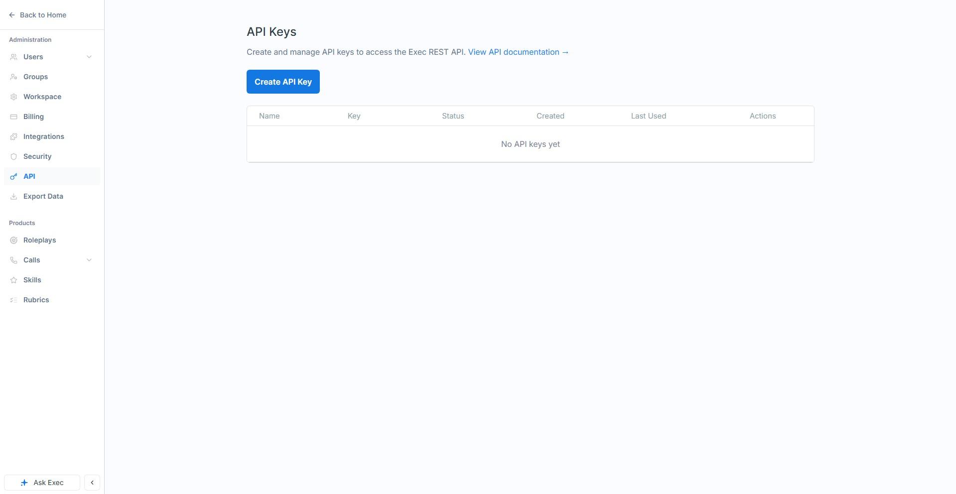Exec API section for creating and managing REST API keys