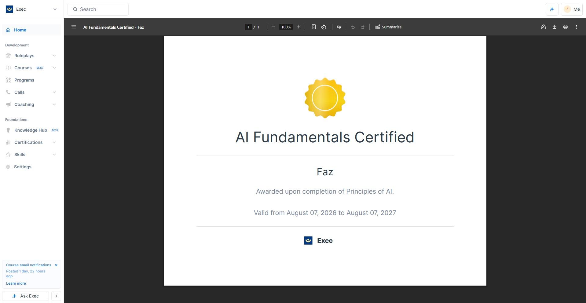 Exec certification as a downloadable PDF with a validity window and expiry date