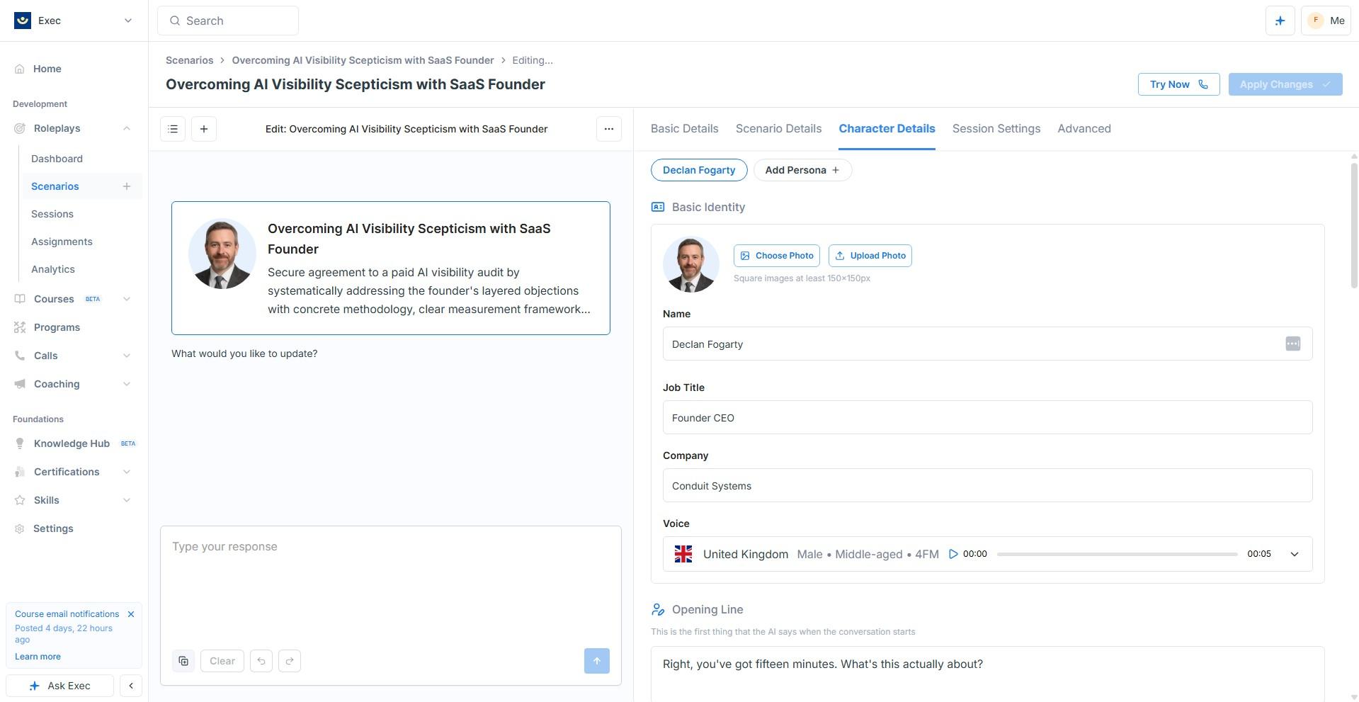 Exec Character Details tab showing editable name, job title, company, voice and opening line