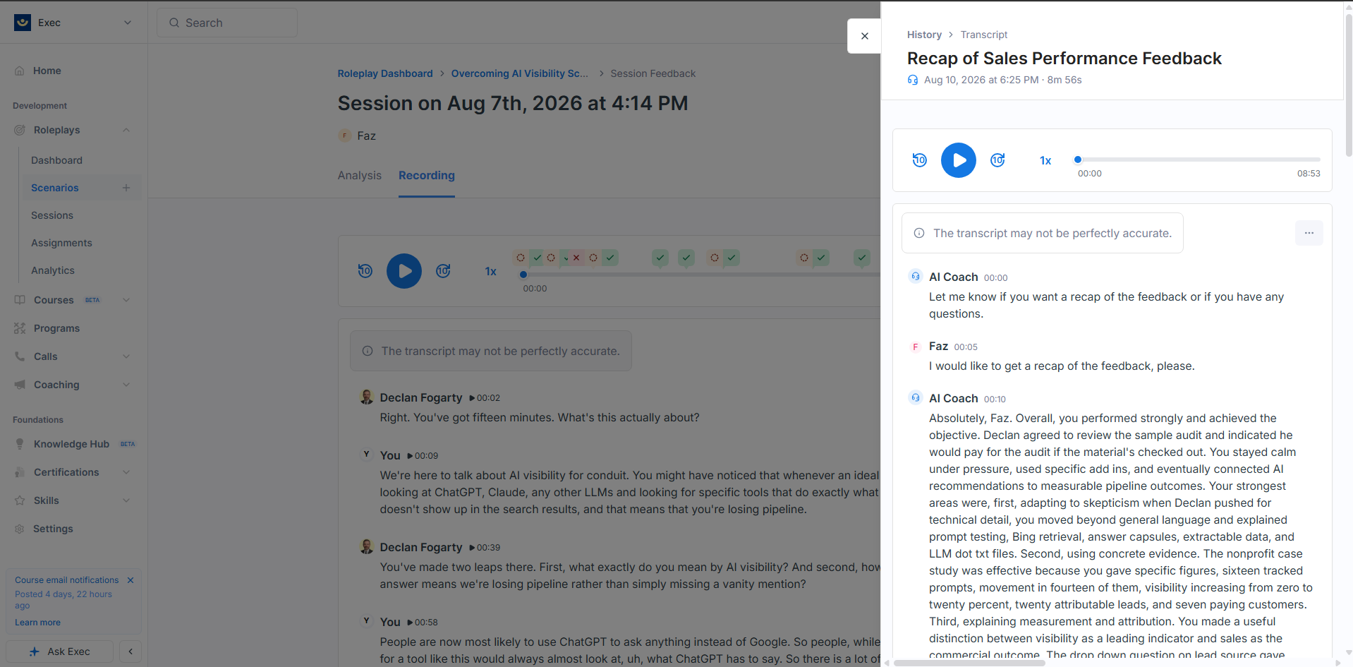 Exec coaching session history with saved audio playback and transcript