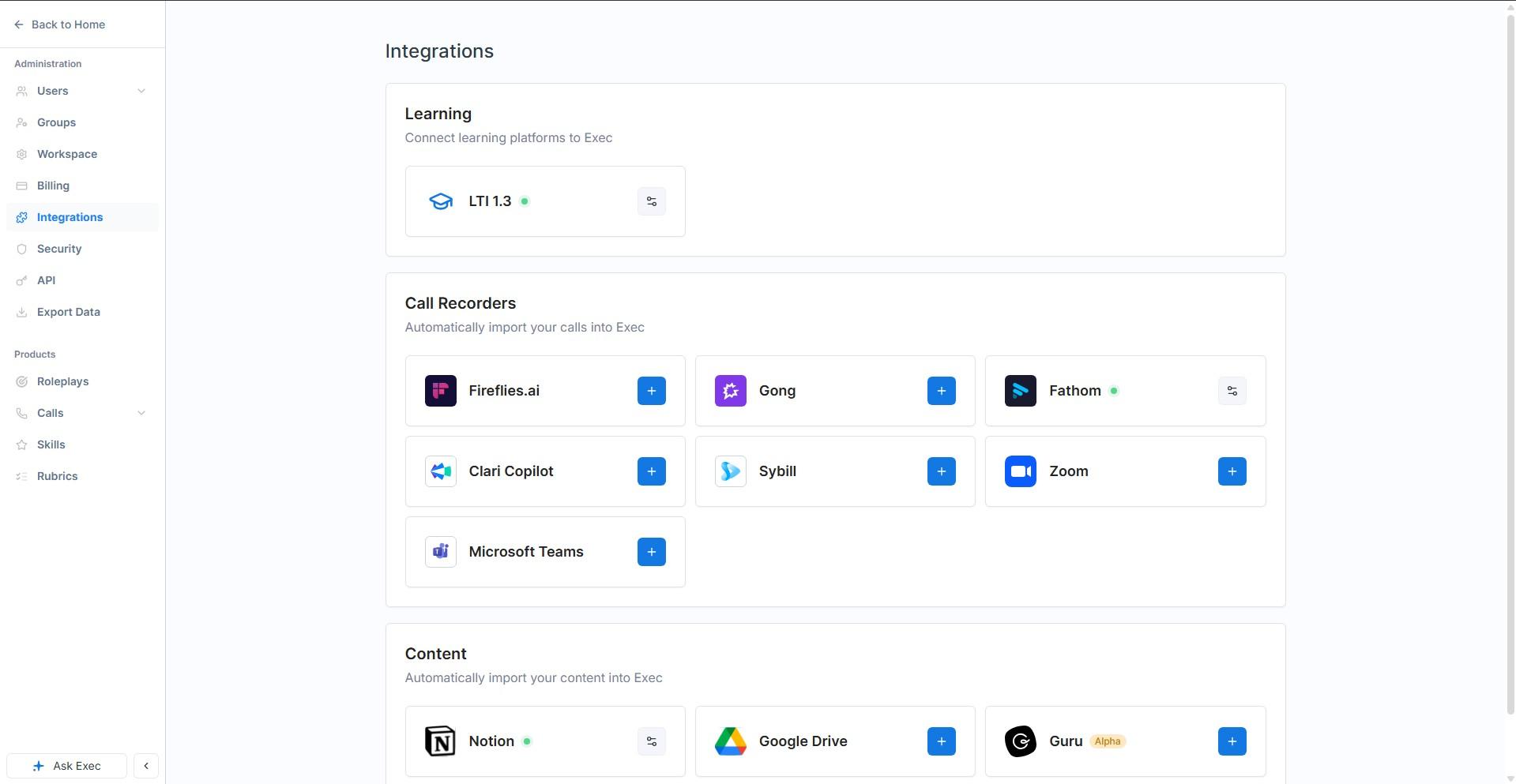 Exec integrations page grouped by purpose showing call recorders, content sources and LTI 1.3