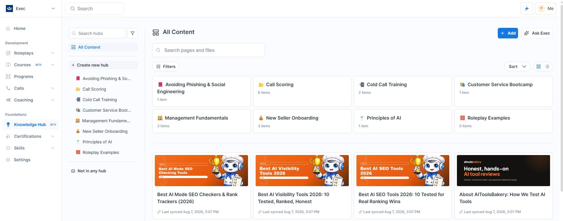 Exec Knowledge Hub after syncing pages, with titles and cover images pulled through