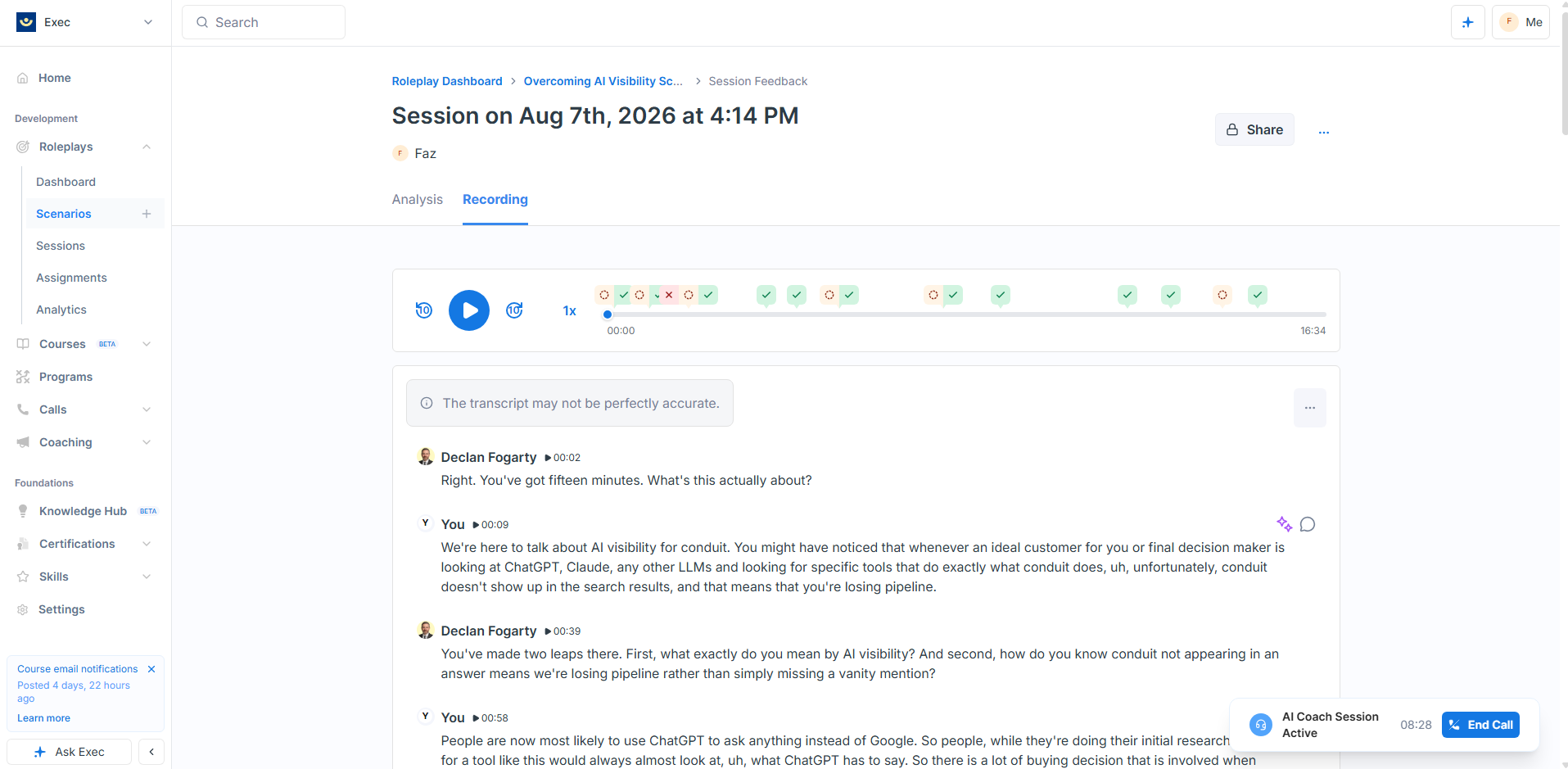 Exec Recording tab with a marked timeline and speaker labelled transcript
