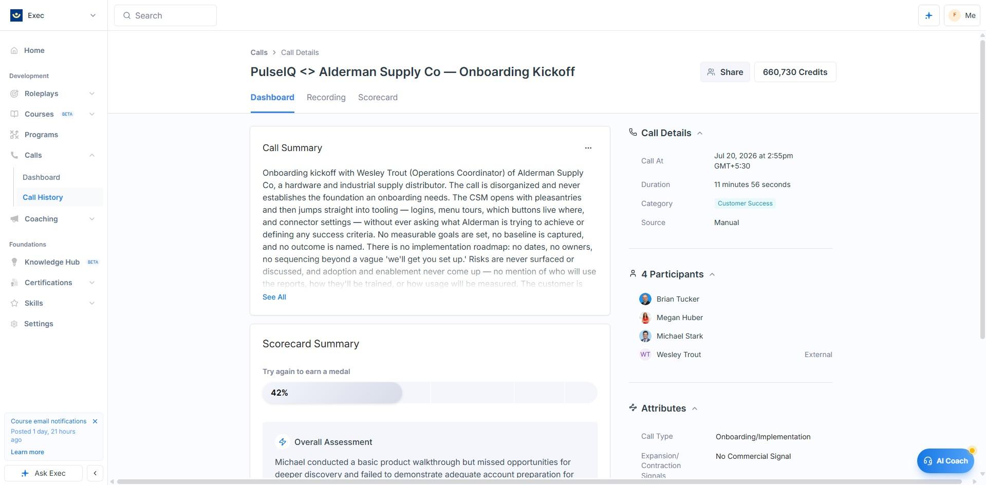 Exec scored call assessment giving a direct critique of an onboarding conversation