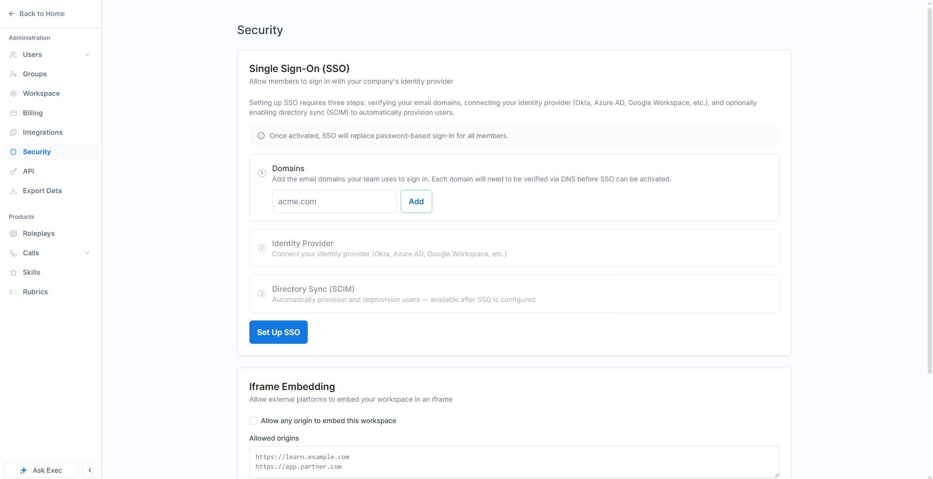 Exec single sign on setup with domain verification, identity provider and SCIM directory sync