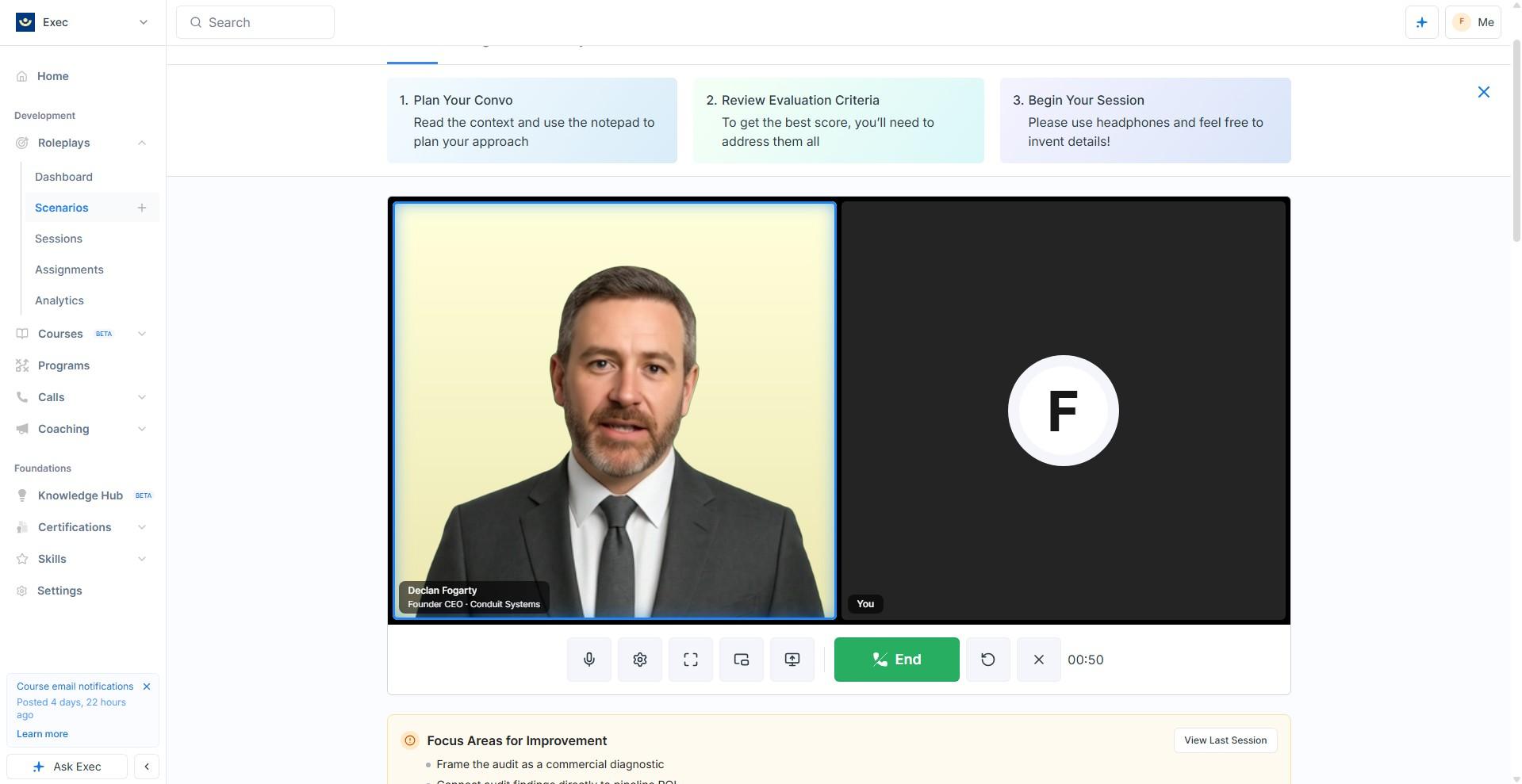 Exec roleplay with Video Avatar enabled, character shown as live video in a two tile call layout