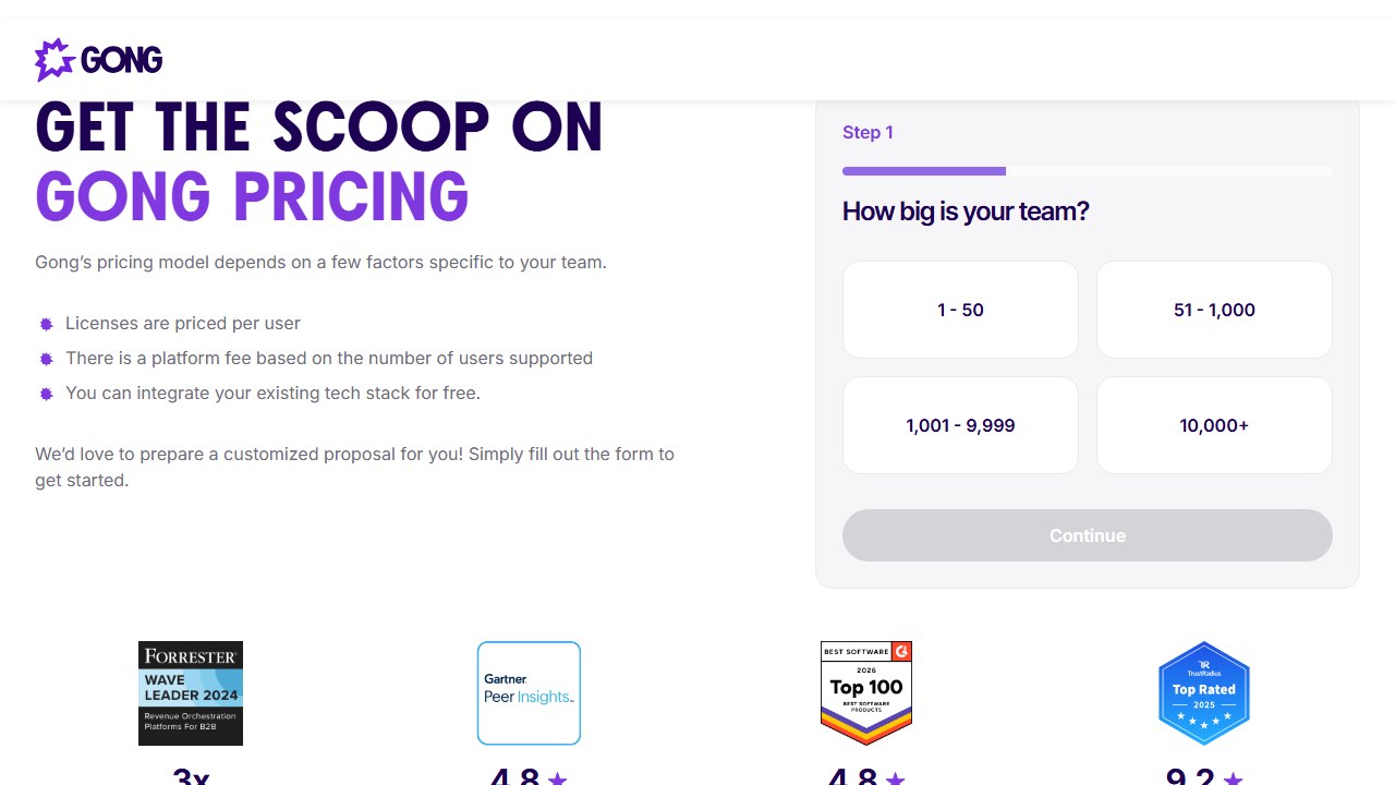 Gong pricing page stating licences are per user with a platform fee based on users supported