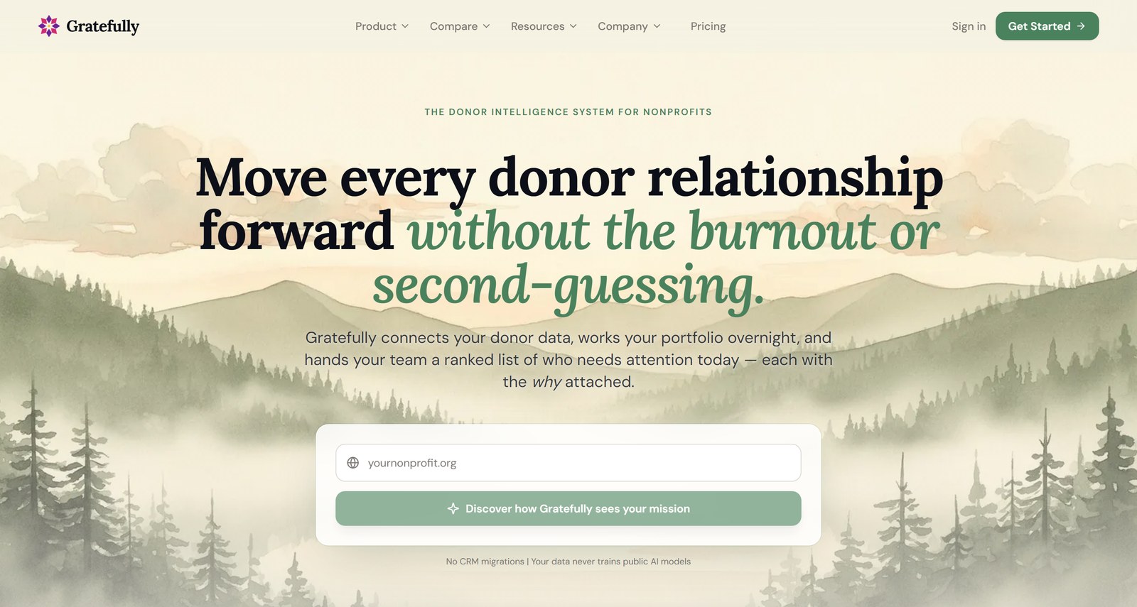 The Gratefully homepage, the donor intelligence system for nonprofits