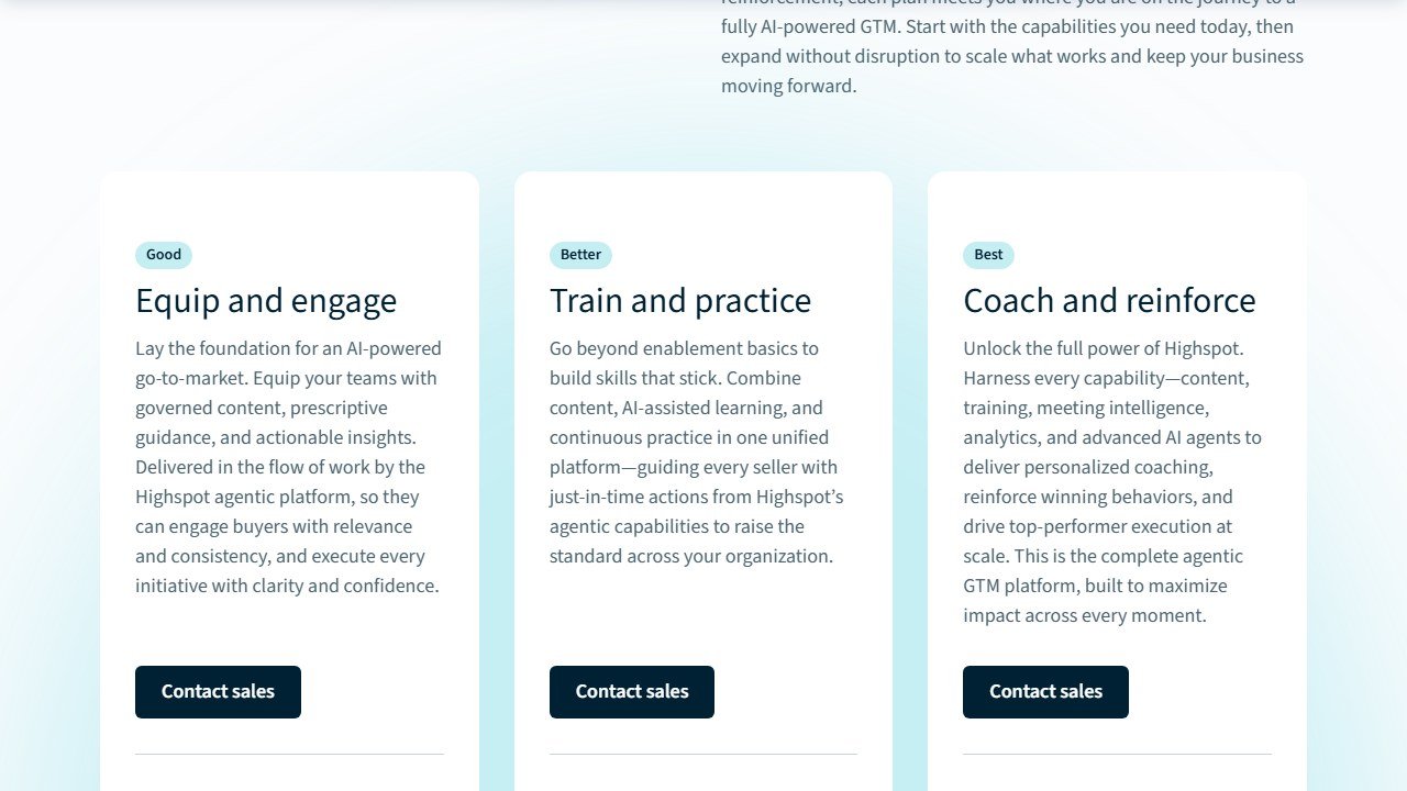 Highspot pricing page showing tiers named Good, Better and Best gated by go to market headcount