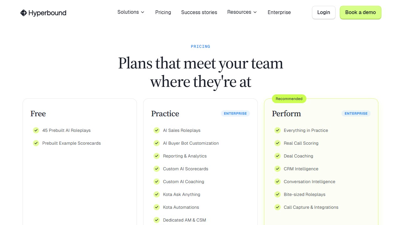 Hyperbound pricing page showing a free tier and two Enterprise tiers with no published price