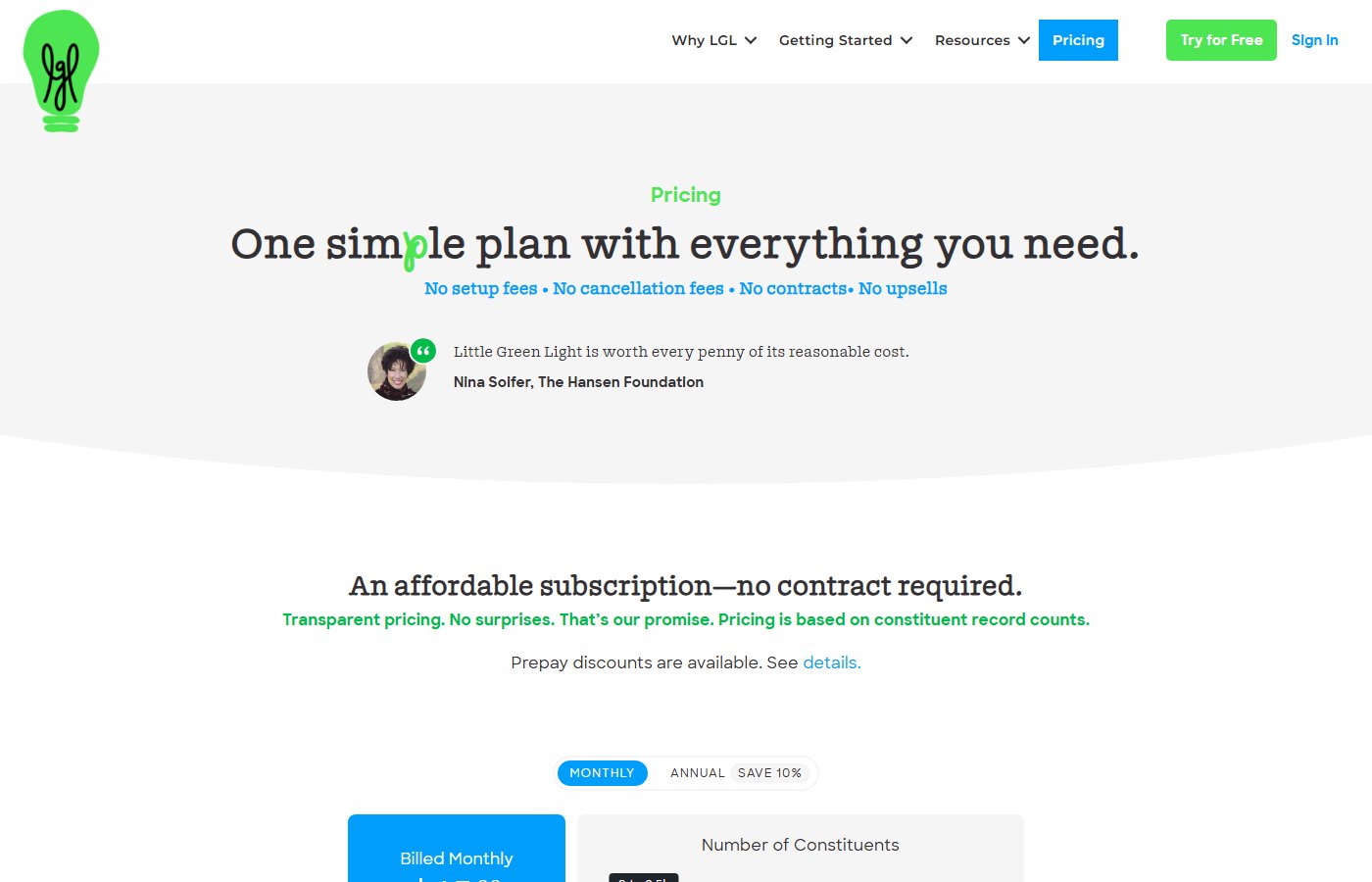 Little Green Light pricing page showing tiers by constituent record from $45 a month