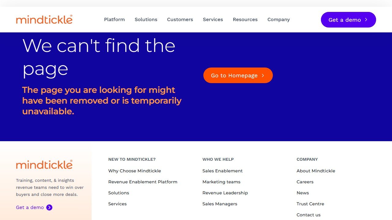 Mindtickle pricing URL resolving to a not found page, since no pricing page exists