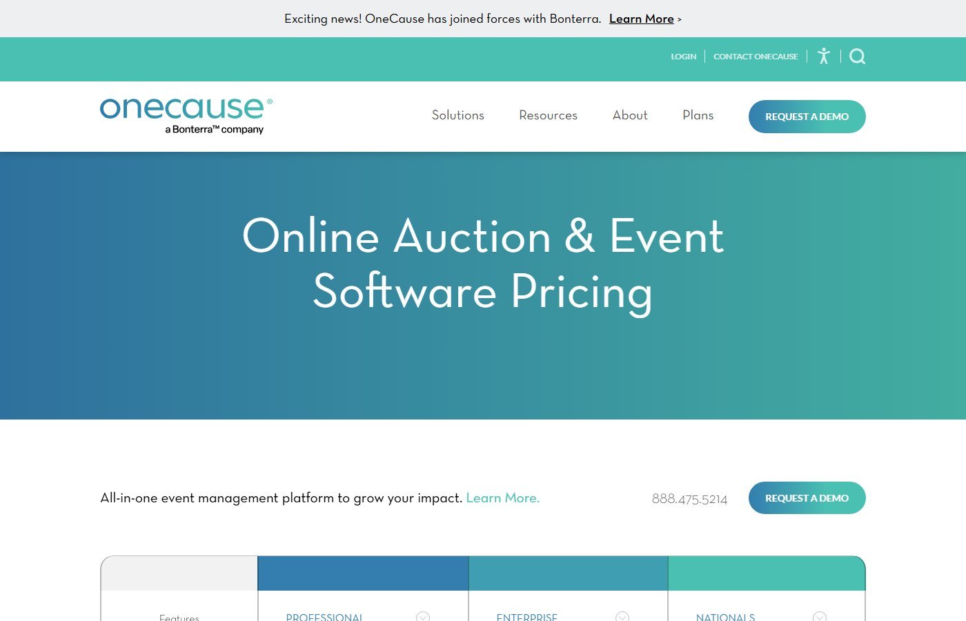 OneCause plans page showing Pay As You Go and Custom Quote with no prices, captured August 2026