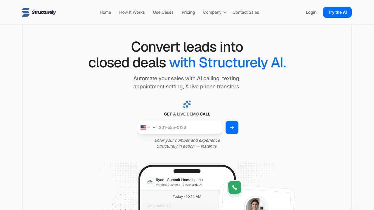 Structurely AI inside sales agent homepage