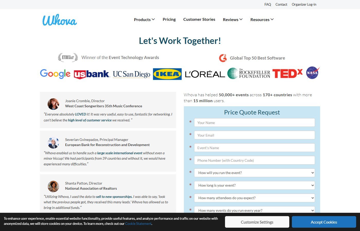 Whova pricing page showing a demo booking form and no published prices