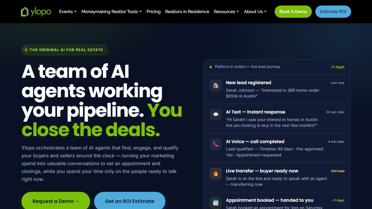 Ylopo real estate lead generation and AI nurture homepage
